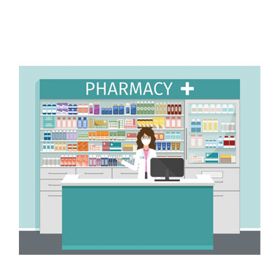 Pharmacy illustration with a lady behind the counter